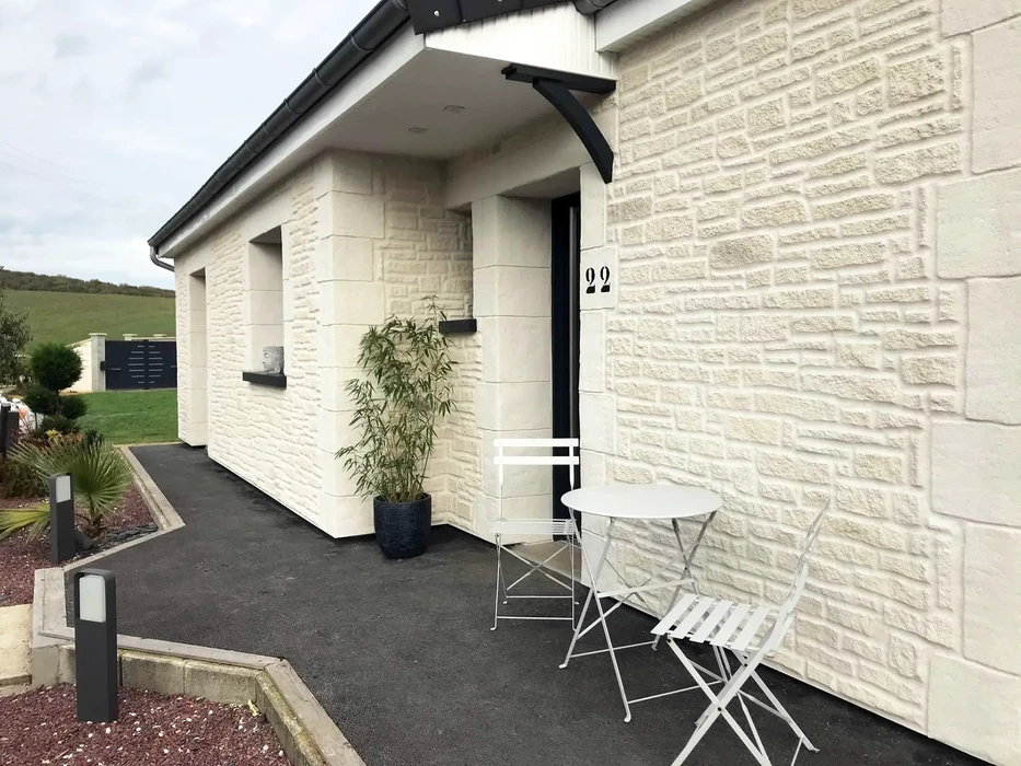 Entrée moderne d'une maison contemporaine avec terrasse aménagée