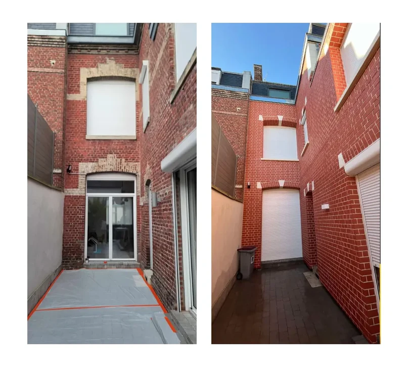 Intérieur en cours de rénovation avec contraste saisissant entre zone de travaux et espace rénové